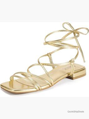 Strappy Lace Up Flat Sandals Square Open Toe Ankle Wrap Gladiator Summer Beach